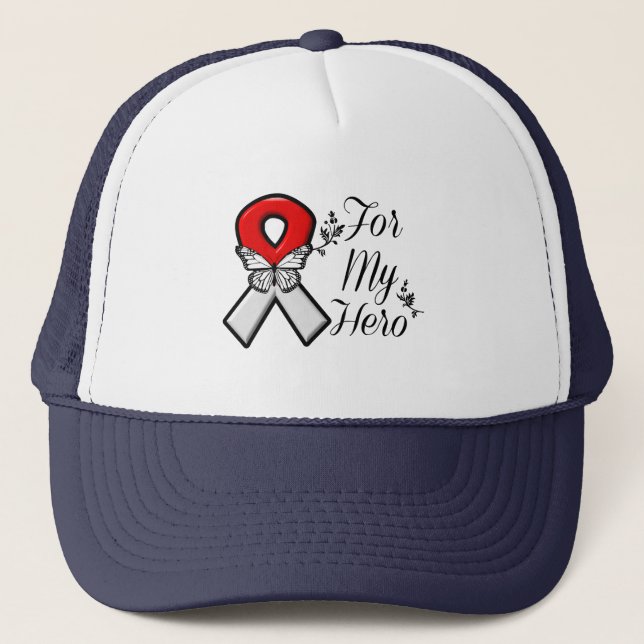 Red and White Ribbon For My Hero Trucker Hat (Front)
