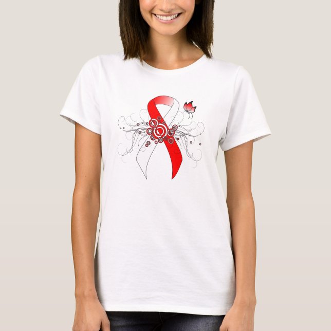 Red and White Ribbon with Butterfly T-Shirt (Front)