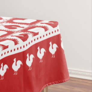 Red and White Rooster and Hearts Chequered Tablecloth