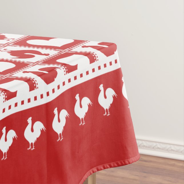 Red and White Rooster and Hearts Chequered Tablecloth (In Situ)