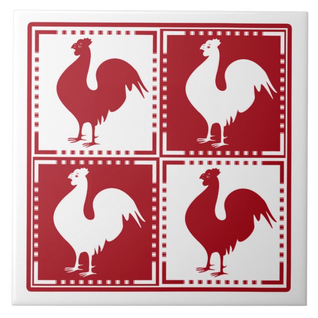 Red and White Rooster Chicken Lovers Tile (Front)