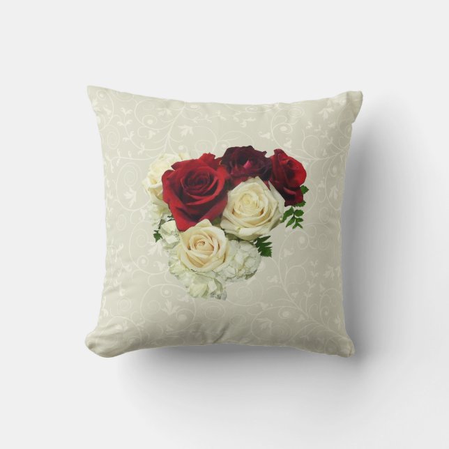 Red and White Rose Heart Cushion (Front)