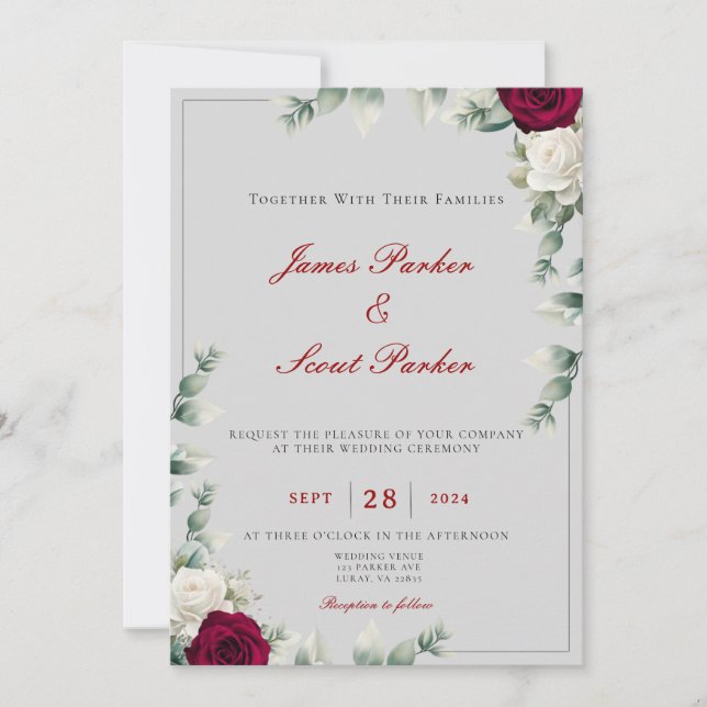 Red and White Rose Wedding  Invitation (Front)
