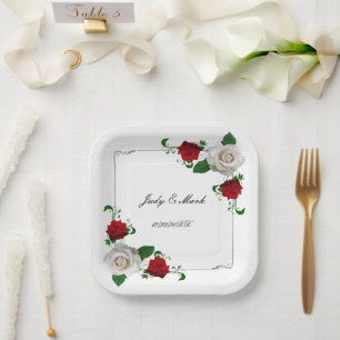 Red And White Roses Christmas Wedding Paper Plate