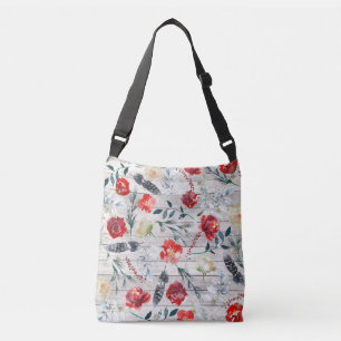 Red And White Roses Feathers Wood Pattern Crossbody Bag