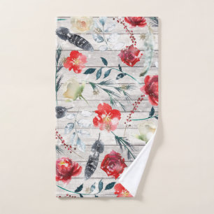 Red And White Roses Feathers Wood Pattern Hand Towel