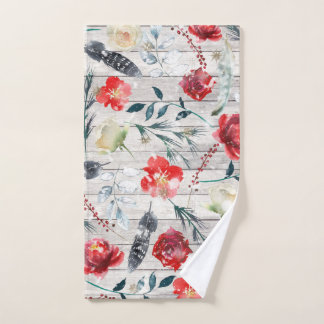 Red And White Roses Feathers Wood Pattern Hand Towel