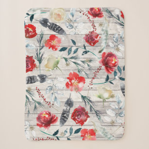 Red And White Roses Feathers Wood Pattern Sherpa Blanket