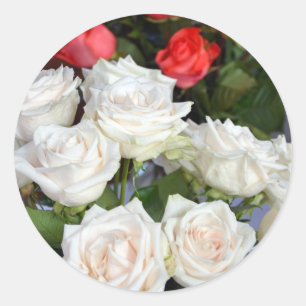Red and white roses floral arrangement classic round sticker