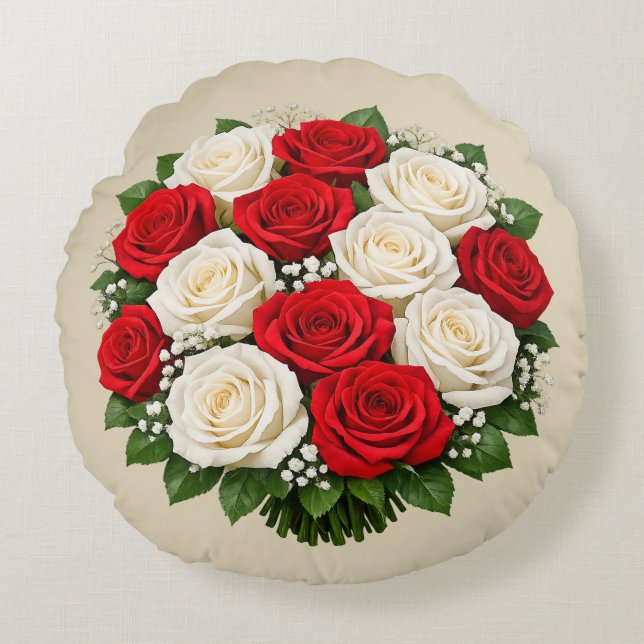 Red and white roses round cushion (Front)
