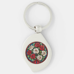 Red And White Roses With Intricate Details Key Ring