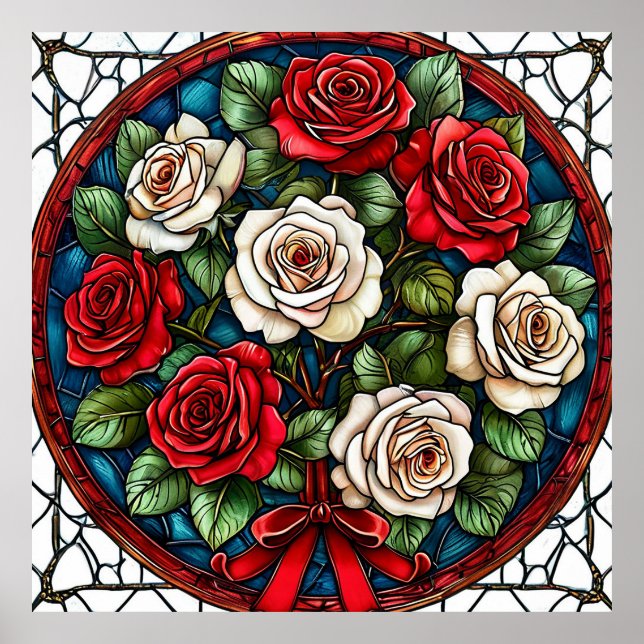 Red And White Roses With Intricate Details Poster (Front)