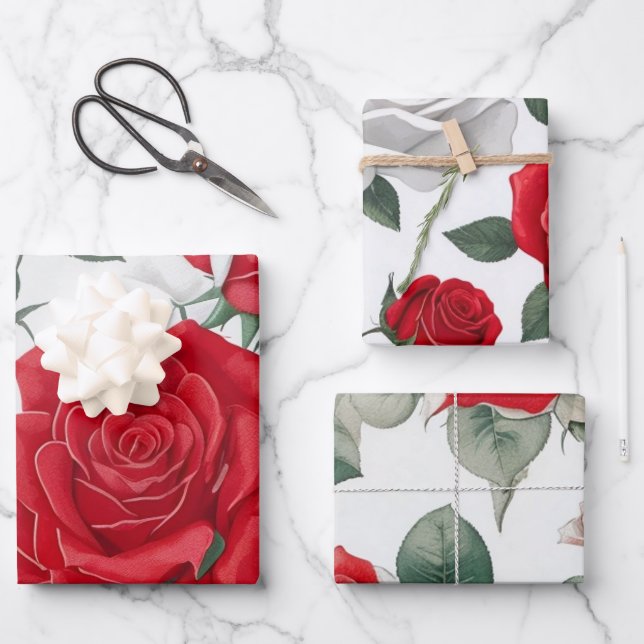 Red and white roses wrapping paper sheet (Front)