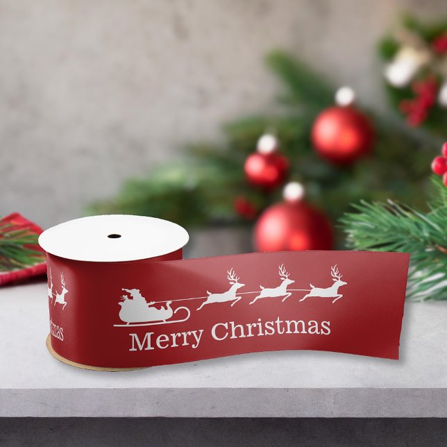 Red And White Santa Sleigh & Merry Christmas Text Satin Ribbon (Creator Uploaded)