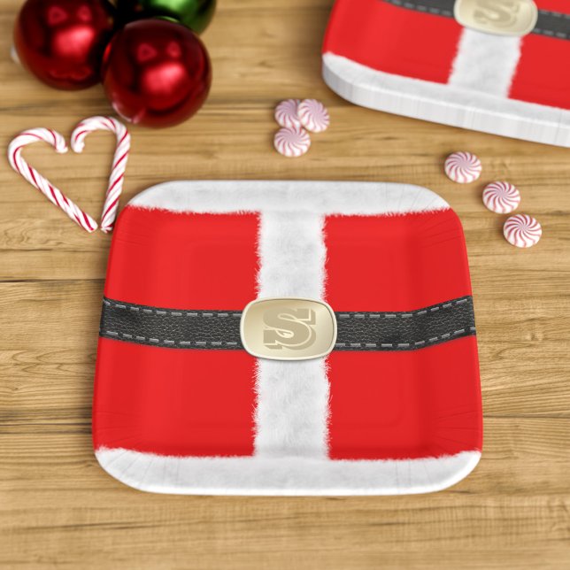 Red and White Santa Suit 🎅🏻 Christmas Party Paper Plate (Fun and festive paper plates for your Santa Party. Just add your initial to his belt)
