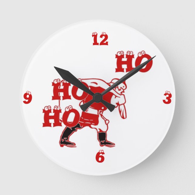 Red and White Santa Walking Ho Ho Ho Art Print Round Clock (Front)