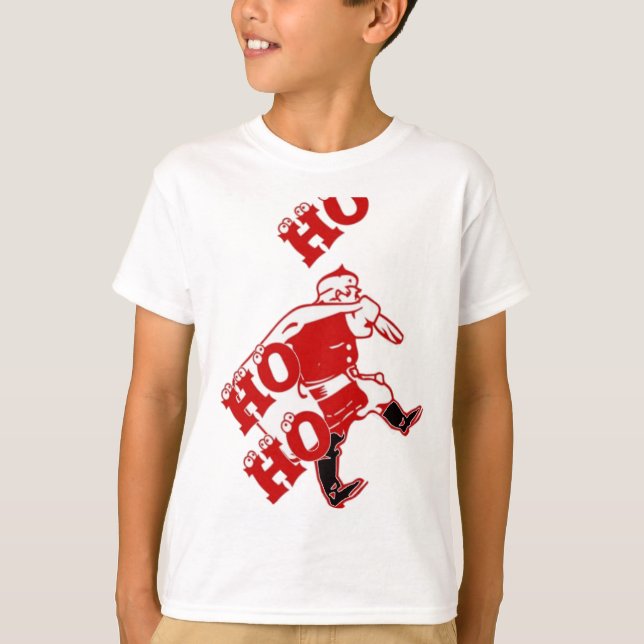 Red and White Santa Walking Ho Ho Ho Art Print T-Shirt (Front)
