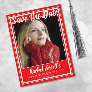 Red and White Save the Date Graduation Announcement Postcard