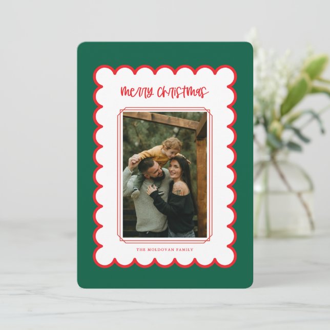 Red and White Scallop Frame Christmas Card (Standing Front)