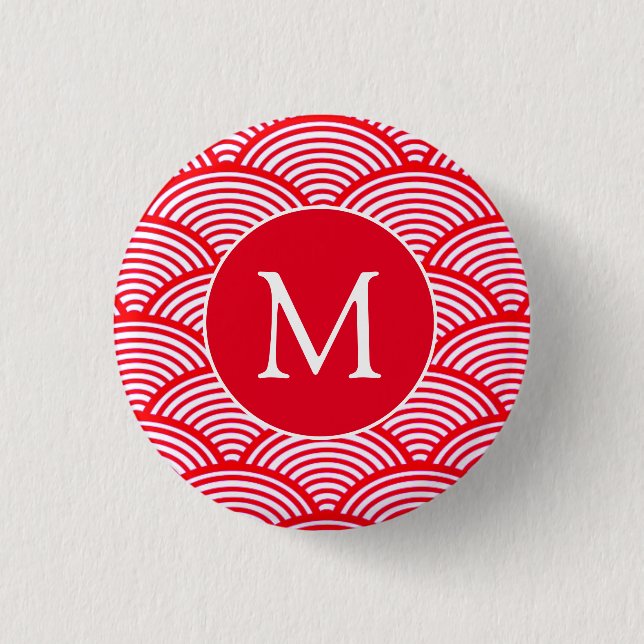 Red and White Scallop Pattern Monogram 3 Cm Round Badge (Front)