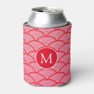 Red and White Scallop Pattern Monogram Can Cooler