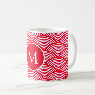 Red and White Scallop Pattern Monogram Coffee Mug