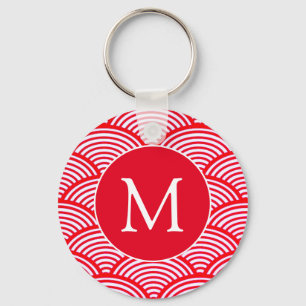 Red and White Scallop Pattern Monogram Key Ring