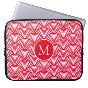Red and White Scallop Pattern Monogram Laptop Sleeve