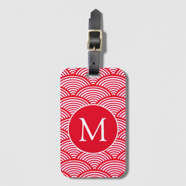 Red and White Scallop Pattern Monogram Luggage Tag (Front Vertical)