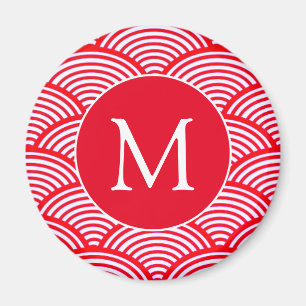Red and White Scallop Pattern Monogram Magnet