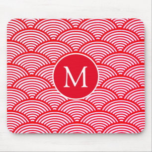 Red and White Scallop Pattern Monogram Mouse Pad