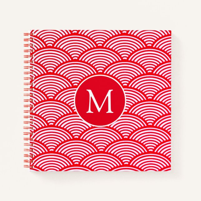 Red and White Scallop Pattern Monogram Notebook (Front)