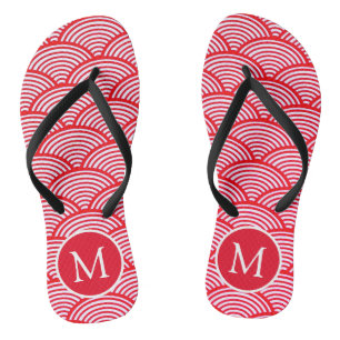 Red and White Scallop Pattern Monogram Thongs