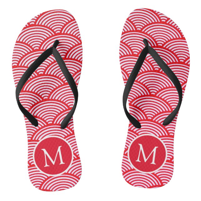Red and White Scallop Pattern Monogram Thongs (Footbed)