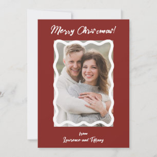 Red and White Scalloped Wavy Lines Frame Photo Holiday Card