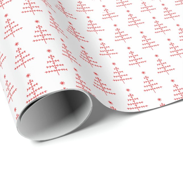Red and White Scandinavian Christmas Trees Wrapping Paper (Roll Corner)