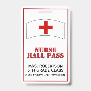 Red and White School Nurse Hall Pass Badge ID Badge