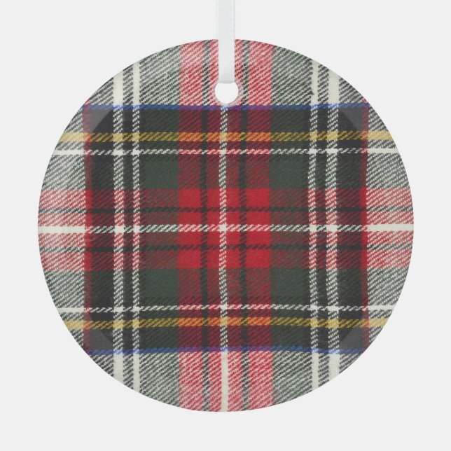 Red and white Scottish tartan plaid. Glass Tree Decoration (Front)