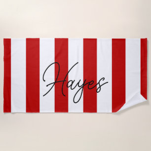 Red and White Script Name and Stripes Beach Towel