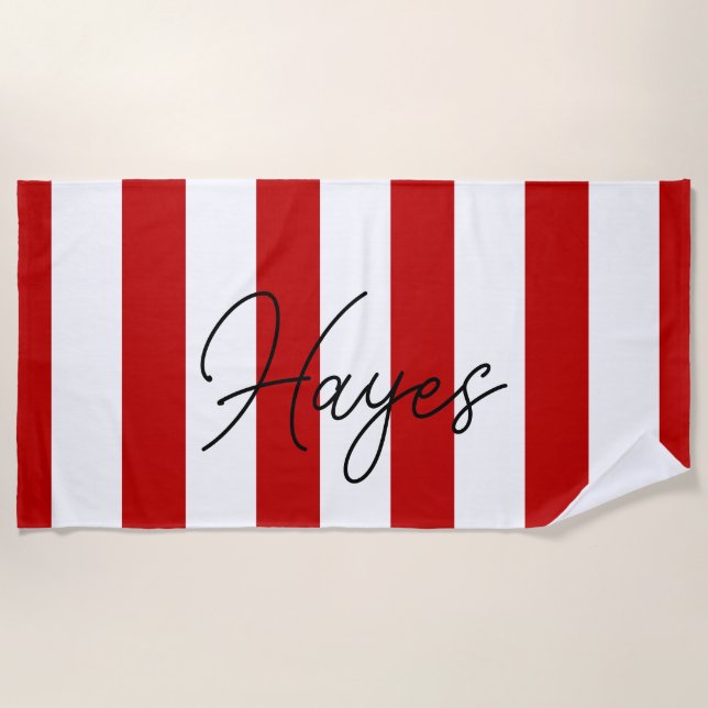 Red and White Script Name and Stripes Beach Towel (Front)