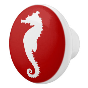 Red and White Seahorse Coastal Nautical Boating Ceramic Knob