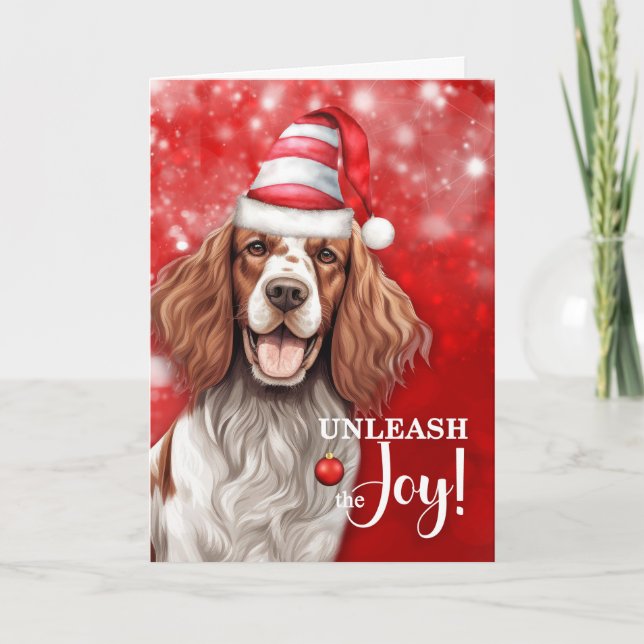 Red and White Setter Dog Unleash the Joy Christmas Holiday Card (Front)