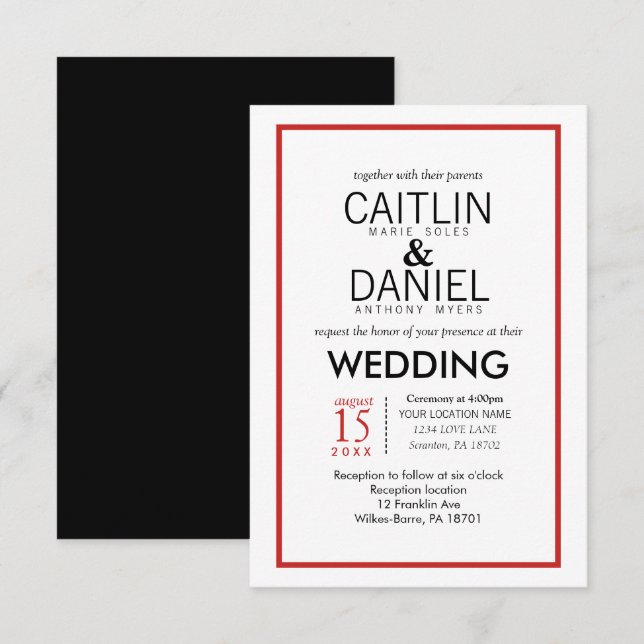 Red and White Simple Border Wedding Invite (Front/Back)