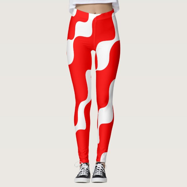 Red and white slanting waves pattern  leggings (Front)