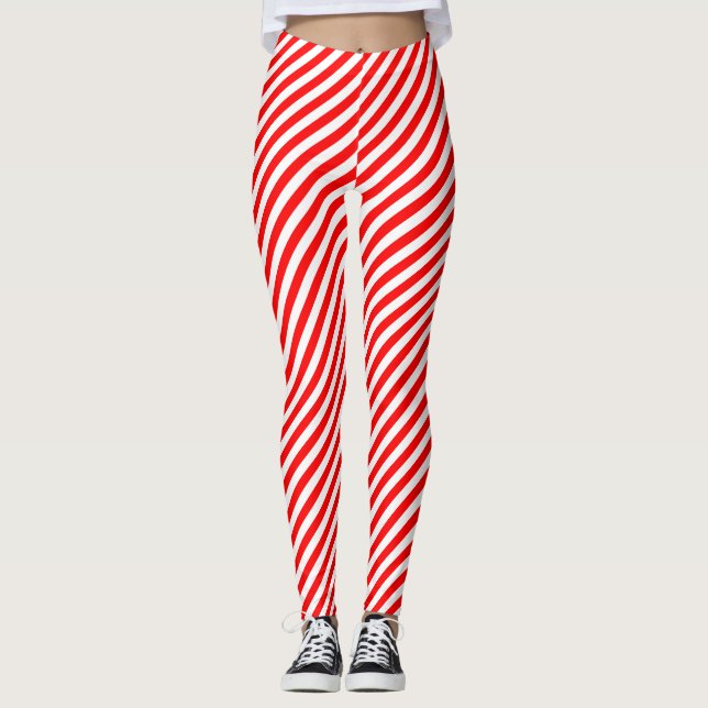 Red and White Small Size Diagonal Stripes Leggings (Front)