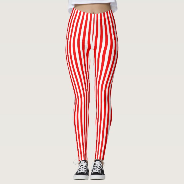 Red and White Small Size Vertical Stripes Leggings (Front)