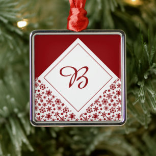 Red and white snow flakes monogram metal ornament