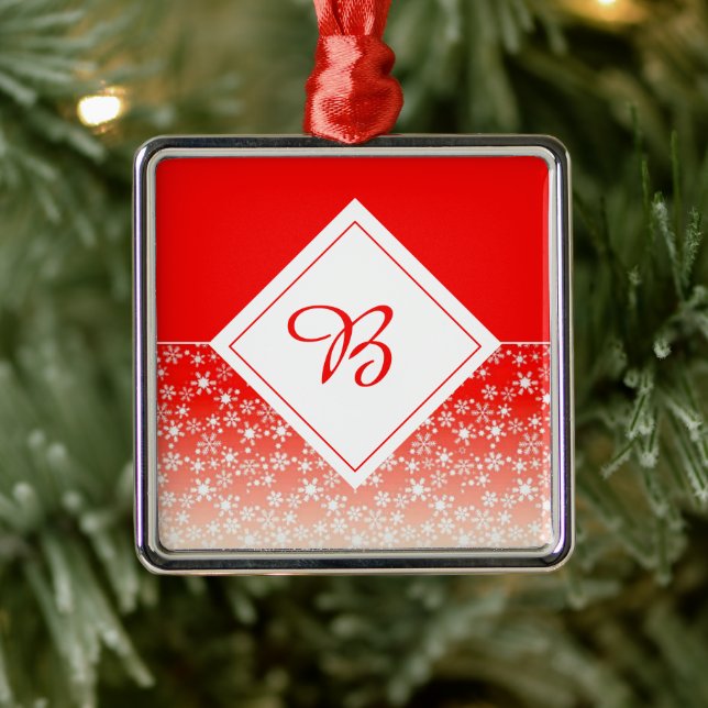 Red and white snow flakes monogram  metal ornament (Tree)