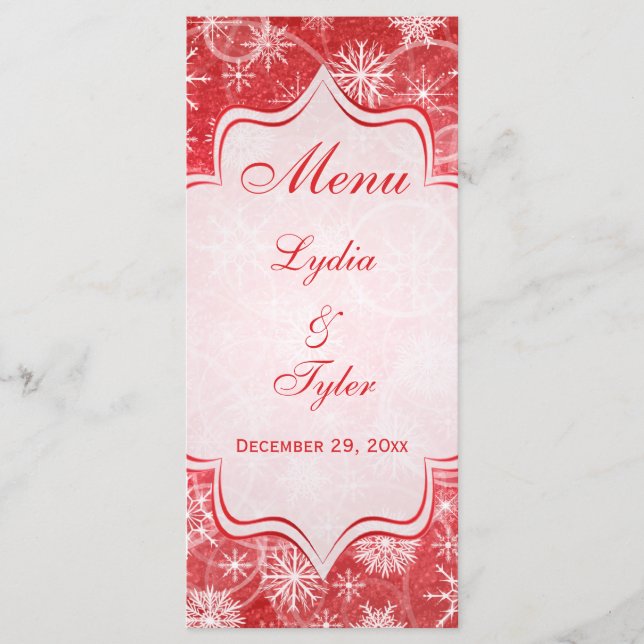 Red and White Snow Flakes Wedding Menu Card (Front)