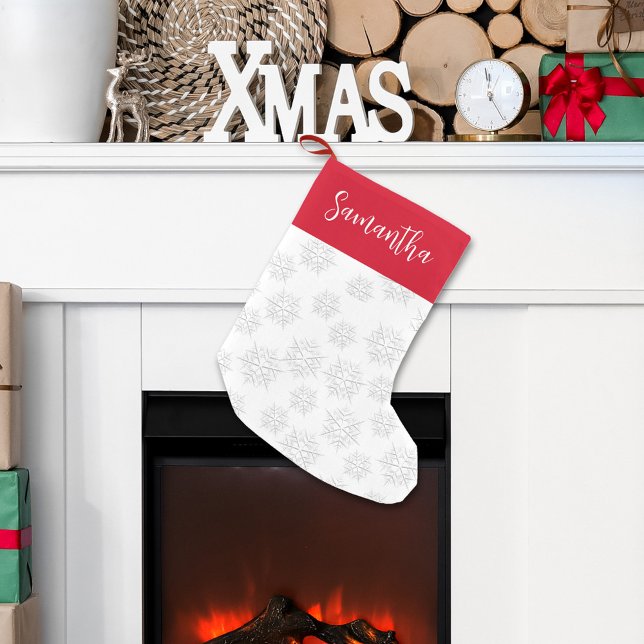 Red and White Snowflake Christmas Custom Small Christmas Stocking (Christmas Silver Snowflakes pattern with red and white calligraphy.)